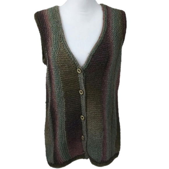 Handmade Brown Multicolor Crochet V-Neck Sleeveless Button Up Cardigan Sweater - Picture 1 of 8